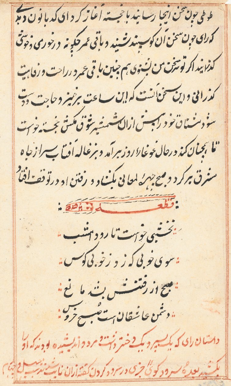 Pagina da Racconti di un pappagallo Tuti-nama: pagina di testo, c. 1560 da Unbekannt