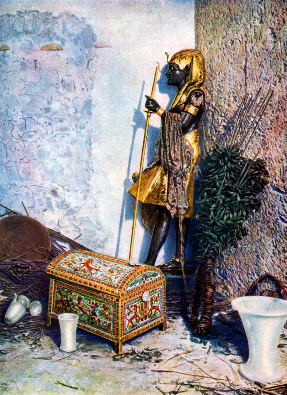 Baule dipinto, che giace ai piedi della statua di Tutankhamon, Egitto da Unbekannt