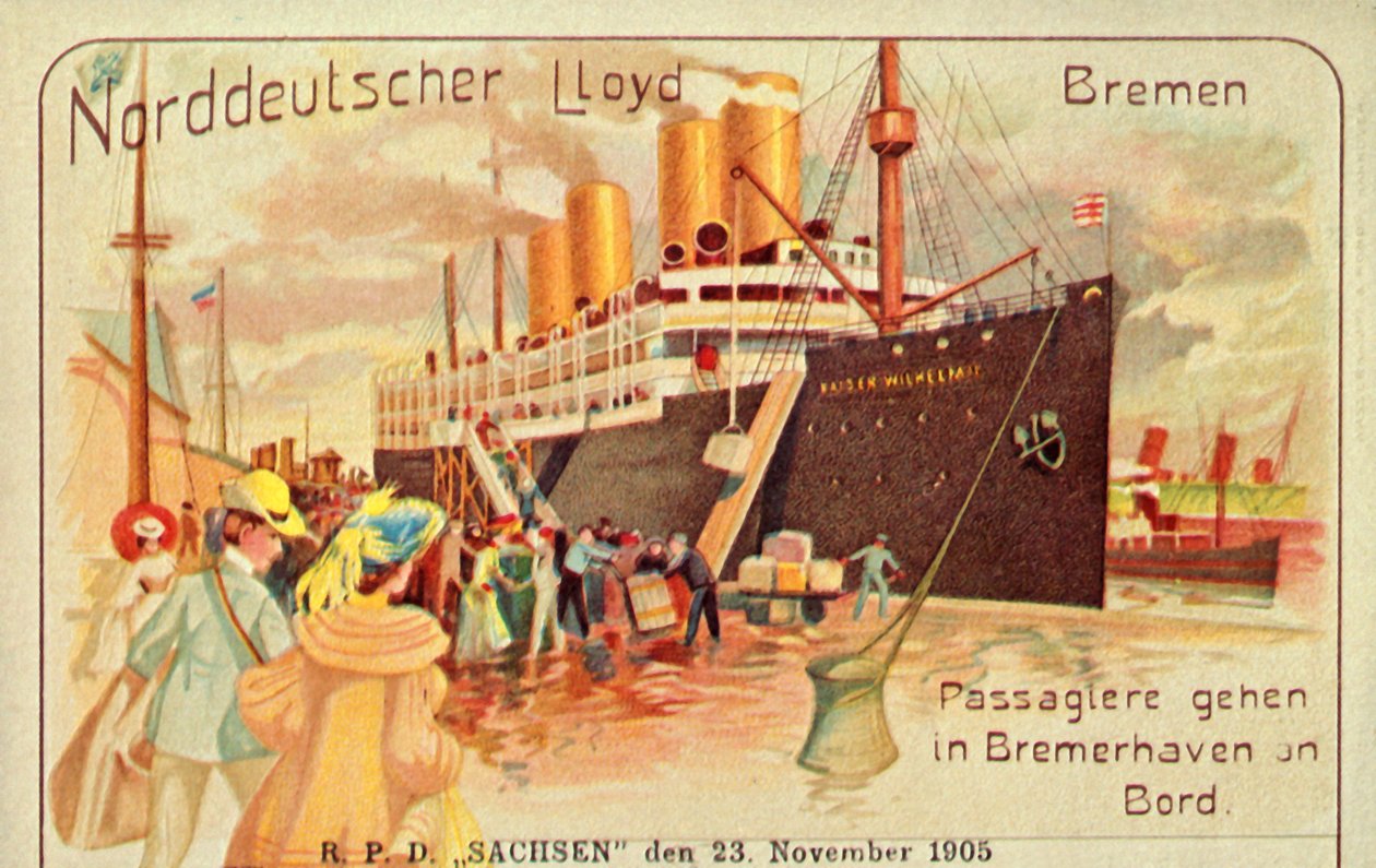 Passeggeri a bordo del gigante SS Kaiser Wilhelm II a Bremerhaven, 1905 da Unbekannt