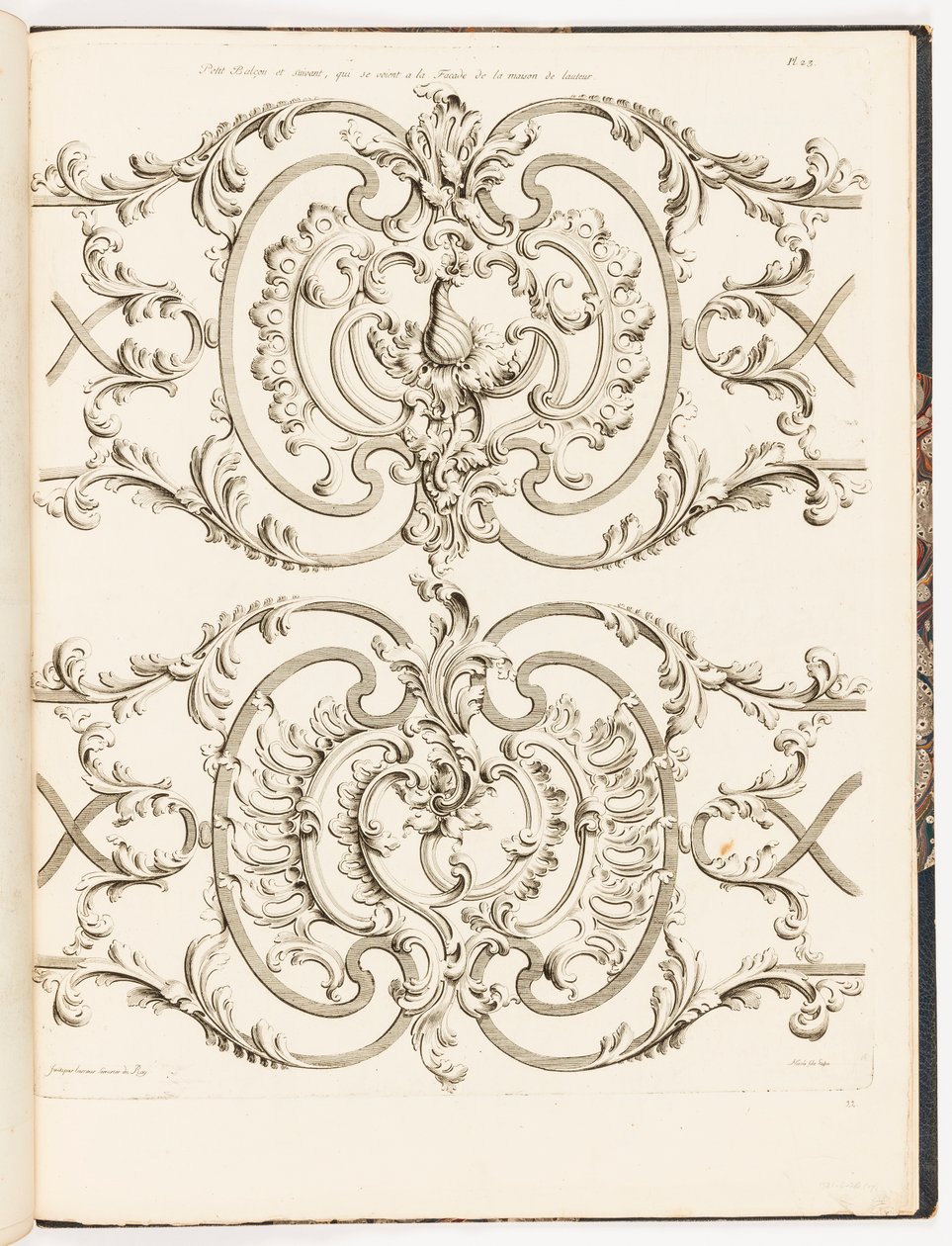 Piccolo Balcone e altro Grigliato dalla Residenza di Jean Lamour, tav. 23 in Recueil des Ouvrages de Serrurerier da Unbekannt