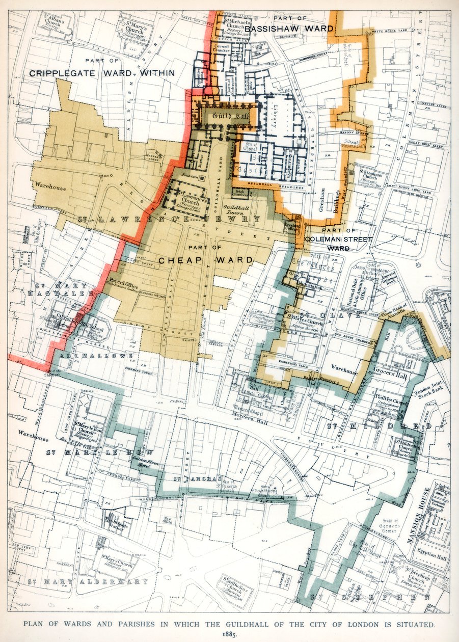 Piano dei quartieri e delle parrocchie in cui si trova la Guildhall della città di Londra, 1886 da Unbekannt