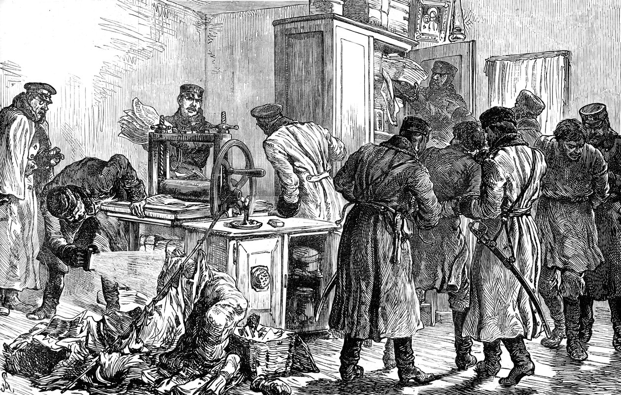 La polizia scopre una tipografia nichilista, San Pietroburgo, Russia, 1887 da Unbekannt