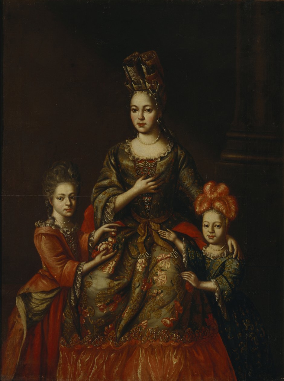 Ritratto di Anastasiya Yakovlevna Naryshkina con i figli Alexandra Kirillovna e Tatyana Kirillovna, inizio XVIII sec. da Unbekannt