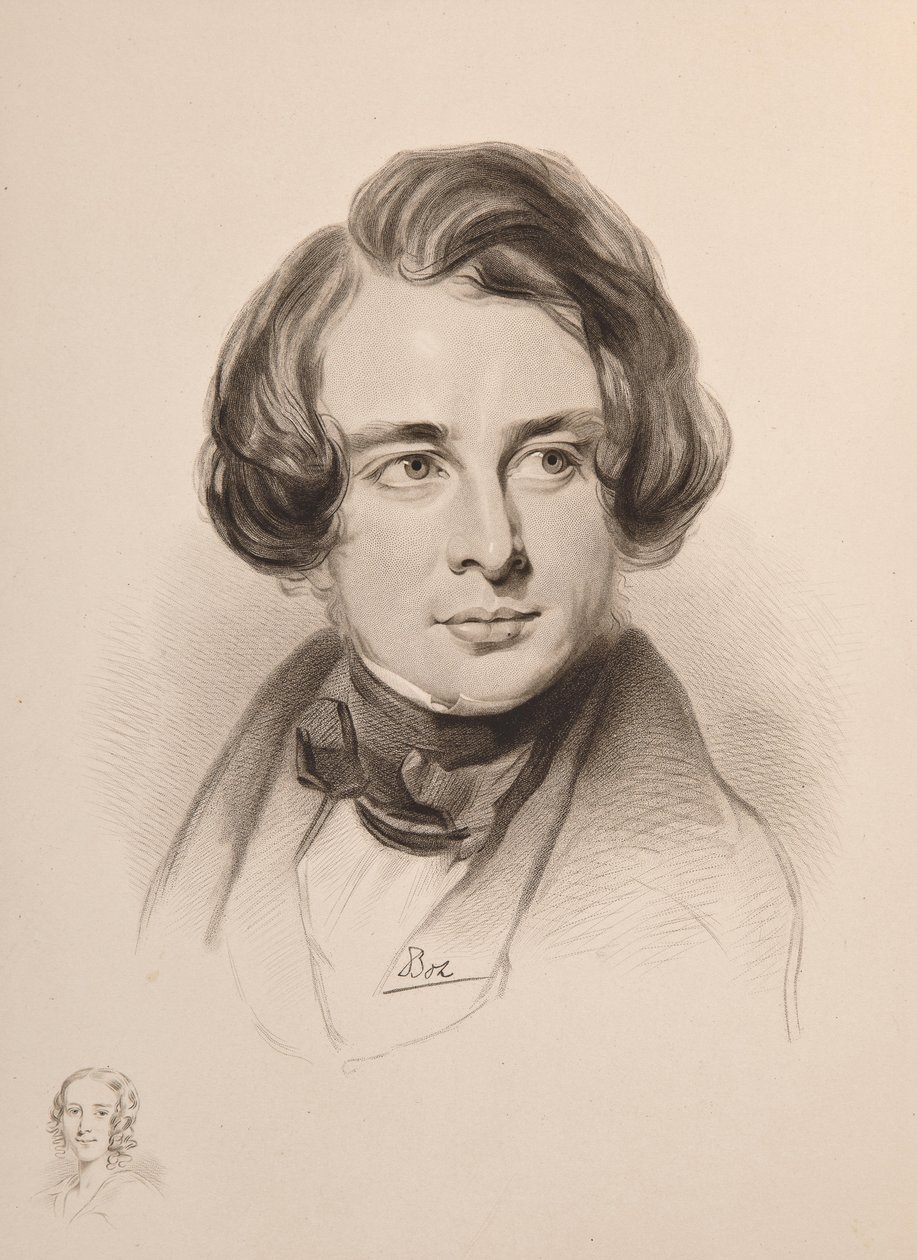 Ritratto di Charles Dickens. Schizzo della sorella di Dickens, Fanny, in basso a sinistra, 1842 da Unbekannt