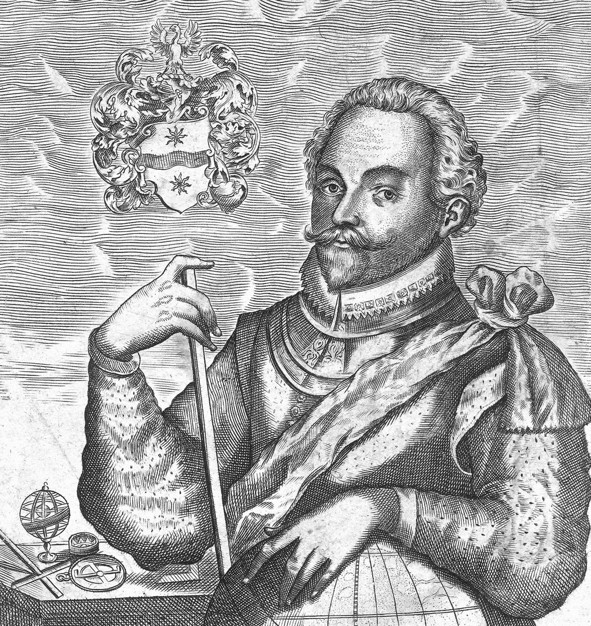 Ritratto di Sir Francis Drake. Frontespizio da The World Encompassed