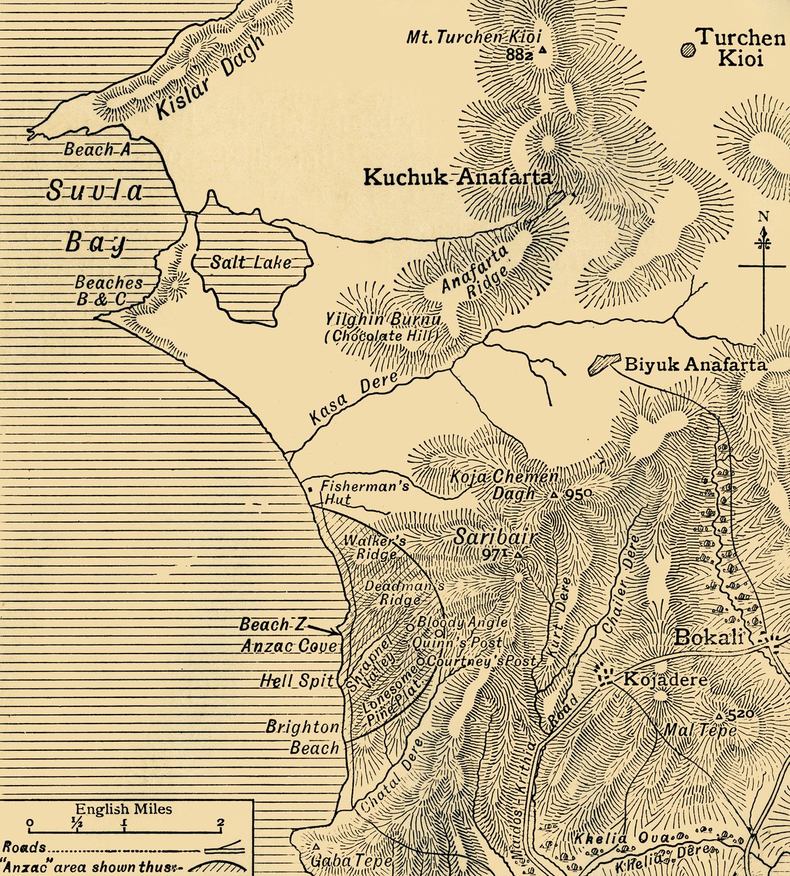 Posizioni delle forze ANZAC sulla penisola di Gallipoli in Turchia, Prima Guerra Mondiale, luglio 1915, c1920 da Unbekannt