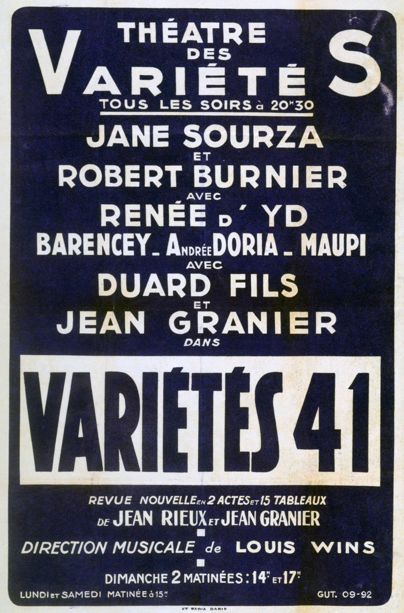 Poster pubblicitario Variétés 41 spettacolo di varietà, Francia da Unbekannt