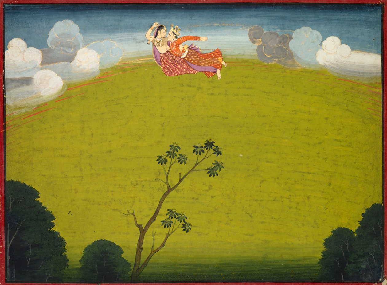 Pradyumna e Mayavati volano a Dvaraka, dal Grande Basohli Bhagavata Purana, c. 1760-1765 da Unbekannt