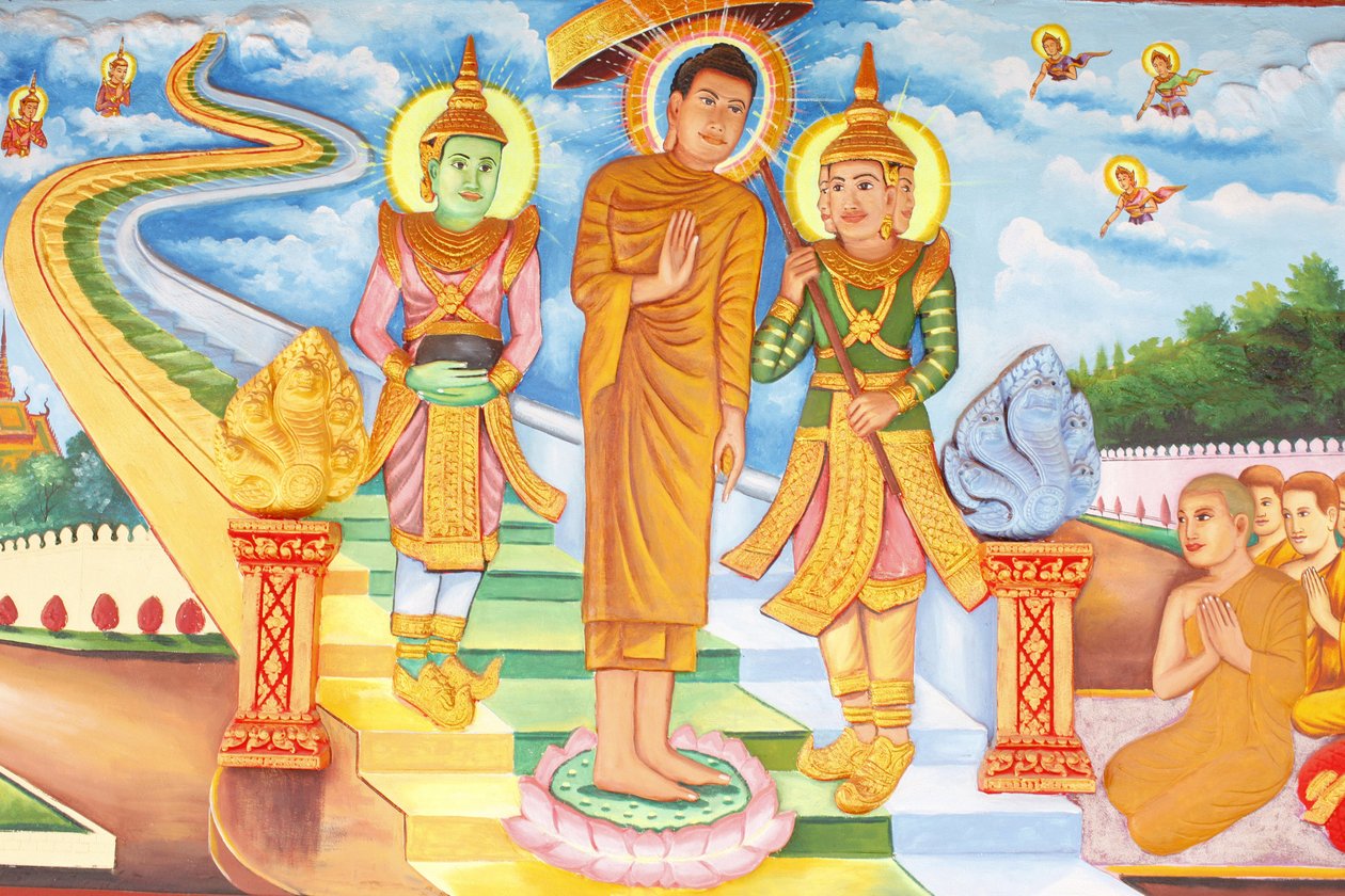 Monastero di Preah Prom Rath, Vita del Buddha, Il Buddha visita il cielo e incontra gli dei Indra e Brahma, Siem Reap, Cambogia da Unbekannt