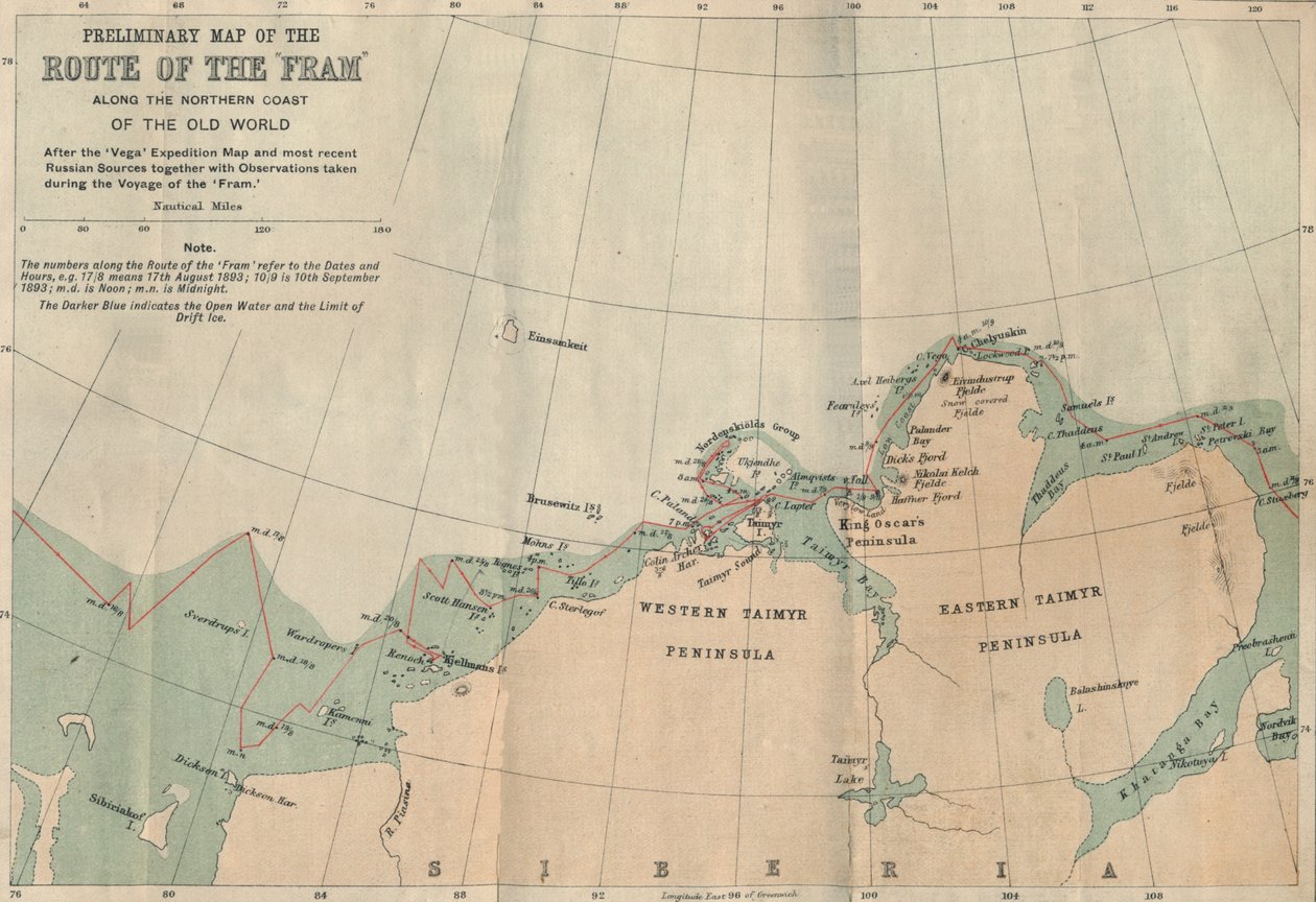 Mappa preliminare del percorso della Fram lungo la costa settentrionale del Vecchio Mondo, c1893-1896, 1897 da Unbekannt
