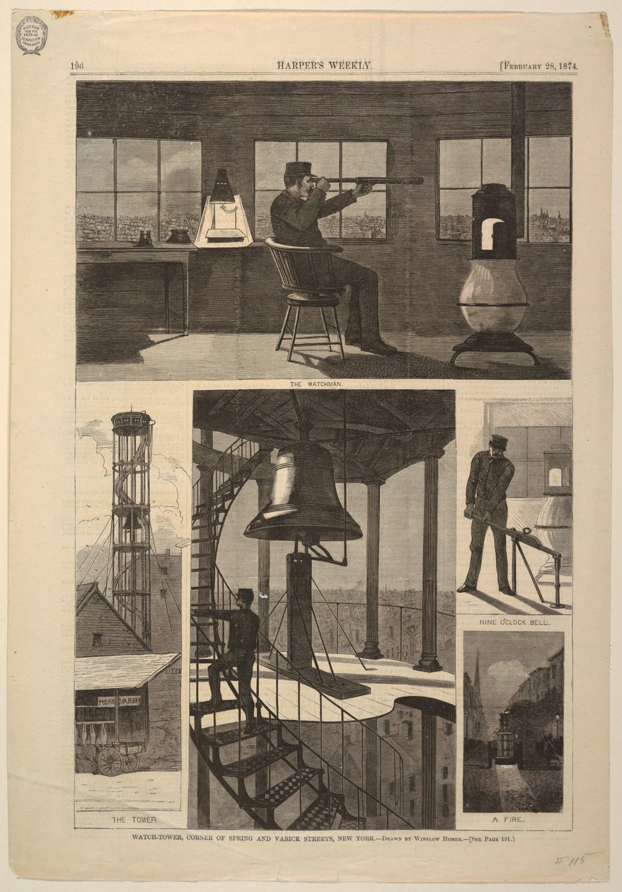 Stampa, Torre di guardia, angolo tra Spring e Varick Streets, New York, 28 febbraio 1874 da Unbekannt