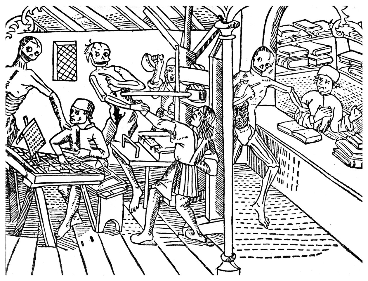 Operai della stampa molestati da scheletri, 1499 1956 da Unbekannt