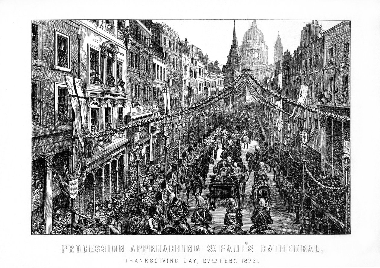 Processione che si avvicina alla Cattedrale di San Paolo, Giorno del Ringraziamento, 27 febbraio, 1872, 1899 da Unbekannt