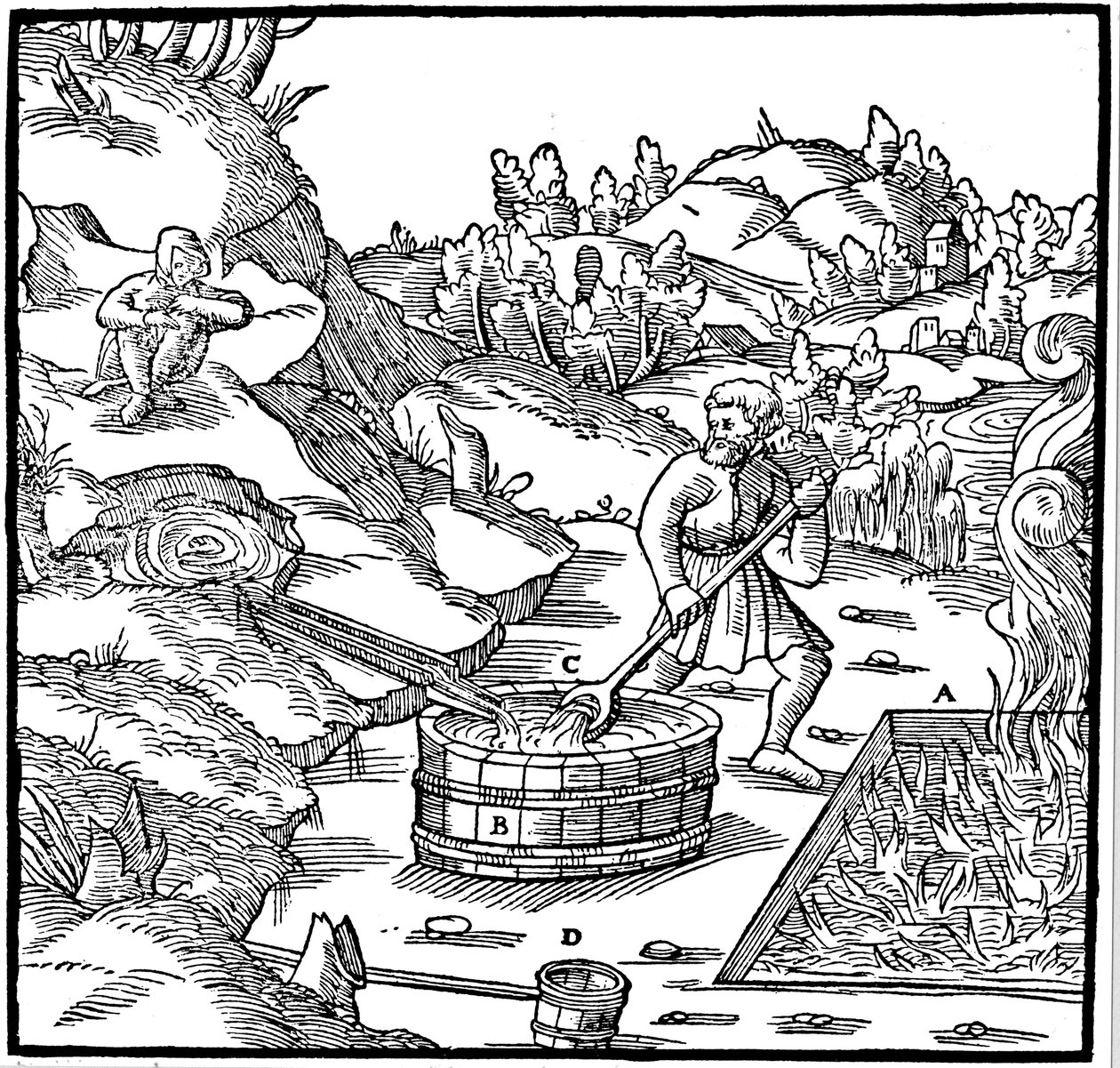 Produzione di sale evaporando salamoia naturale versandola in una fossa di carbone ardente, 1556 da Unbekannt