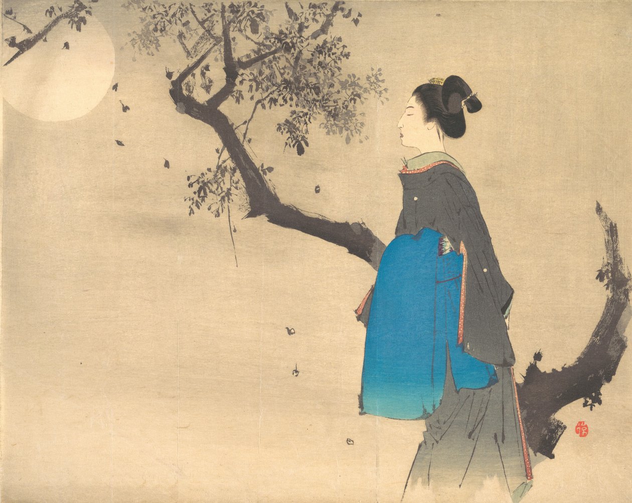 Vista di profilo di una donna che passeggia al chiaro di luna, ca. 1908 da Unbekannt