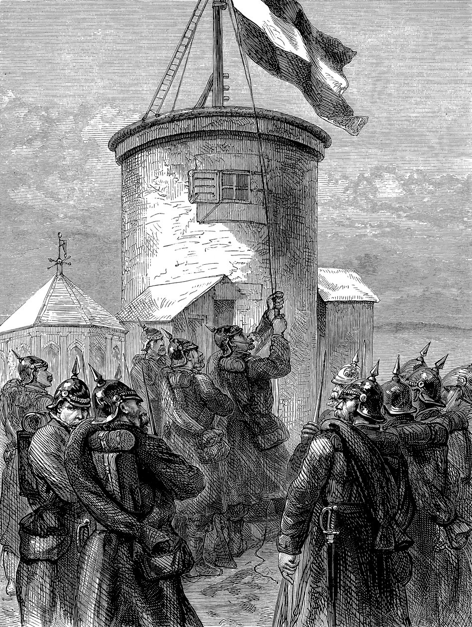 Truppe prussiane che issano la loro bandiera a Valerien, Guerra franco-prussiana, 1870-1871 c1880 da Unbekannt