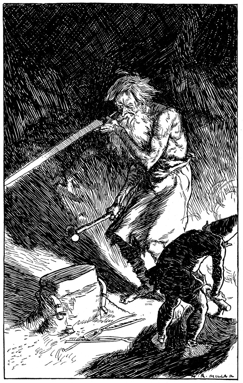 Puck aiuta Wayland, fabbro degli dei, a forgiare una spada, 1909 da Unbekannt