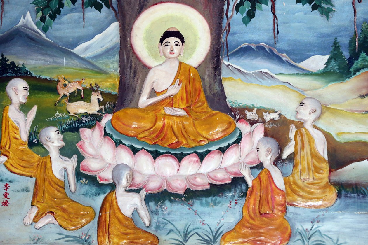 Tempio Quan The Am Bo Tat (Pagoda di Avalokitesvara Bodhisattva). Buddha Shakyamuni che predica il sermone - la ruota della legge - ai suoi cinque discepoli. Vung Tau. Vietnam da Unbekannt