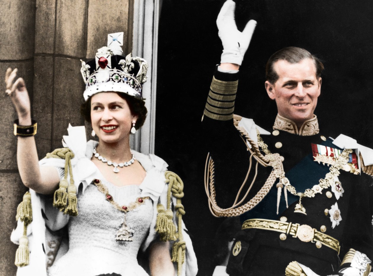 La regina Elisabetta II e il duca di Edimburgo nel giorno della loro incoronazione, Buckingham Palace, 1953 da Unbekannt