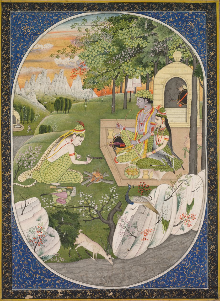 Rama, Sita e Lakshmana nella foresta, pagina dal Ramayana da Unbekannt