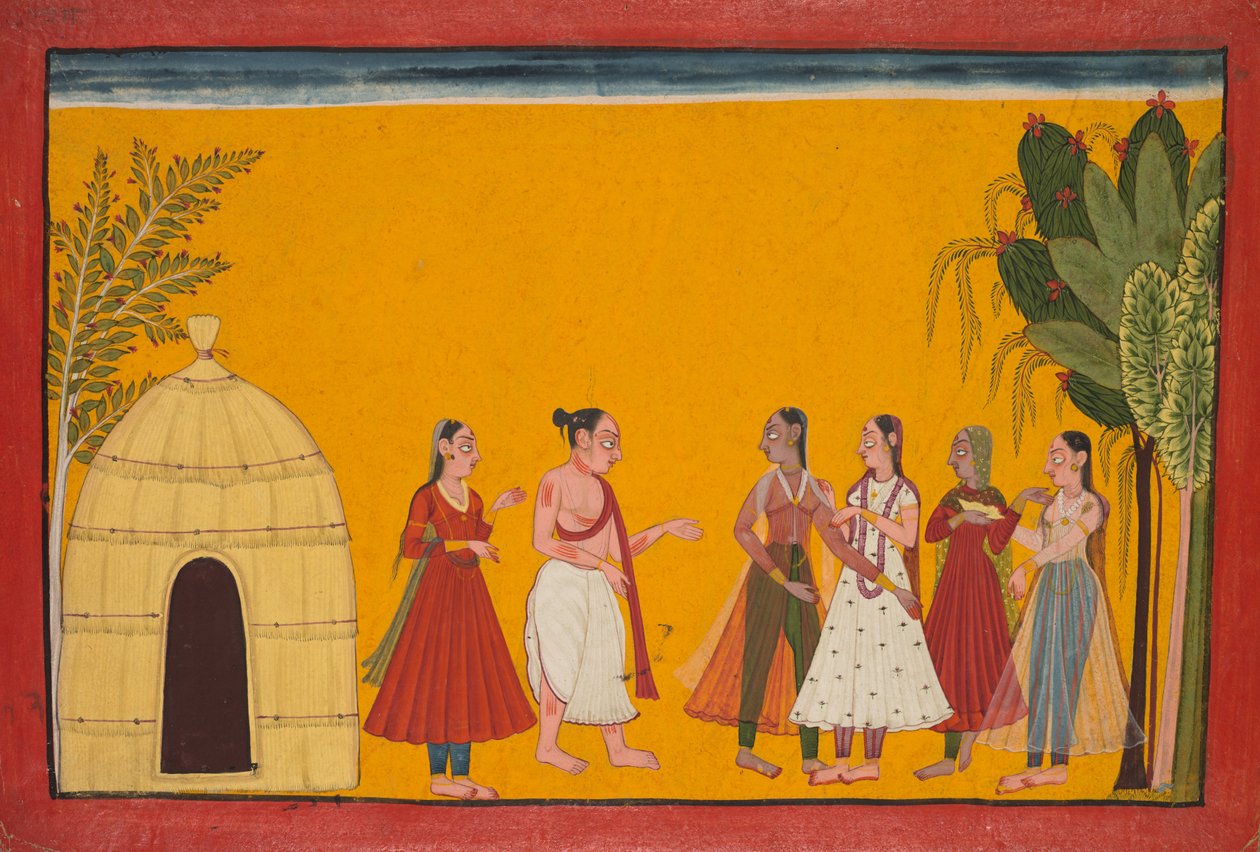 Rama e Sita portati dal sacerdote per fissare la data del matrimonio, pagina dal Ramayana..., c1700-17 da Unbekannt