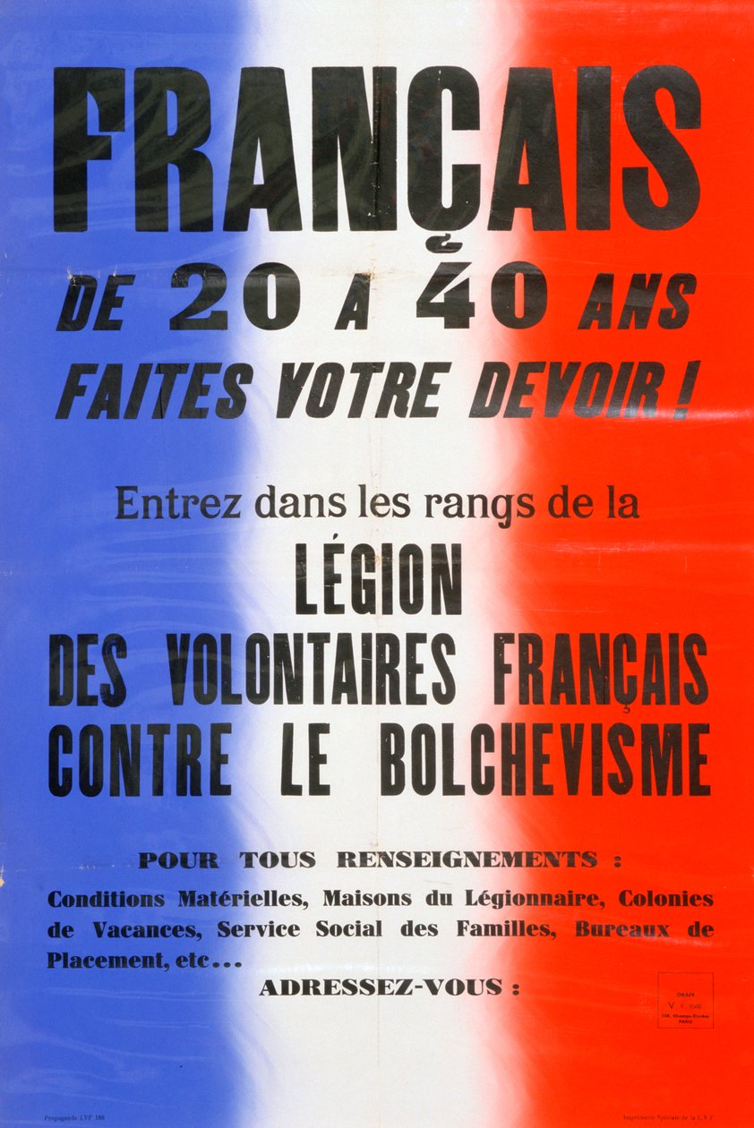 Poster di reclutamento per la Legione dei Volontari Francesi, 1941-1944 da Unbekannt