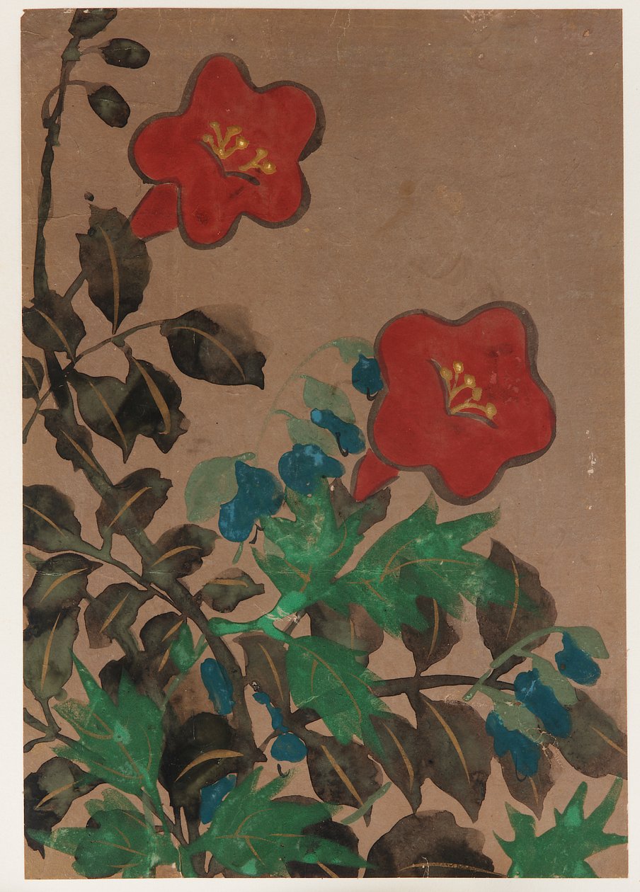 Fiori rossi e blu e fogliame, periodo Edo da Unbekannt