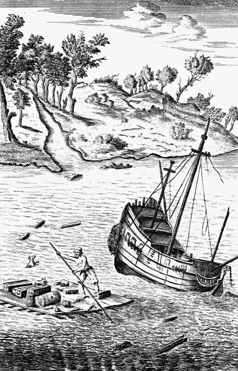 Robinson Crusoe salva i suoi beni dal naufragio della nave, c1719 da Unbekannt