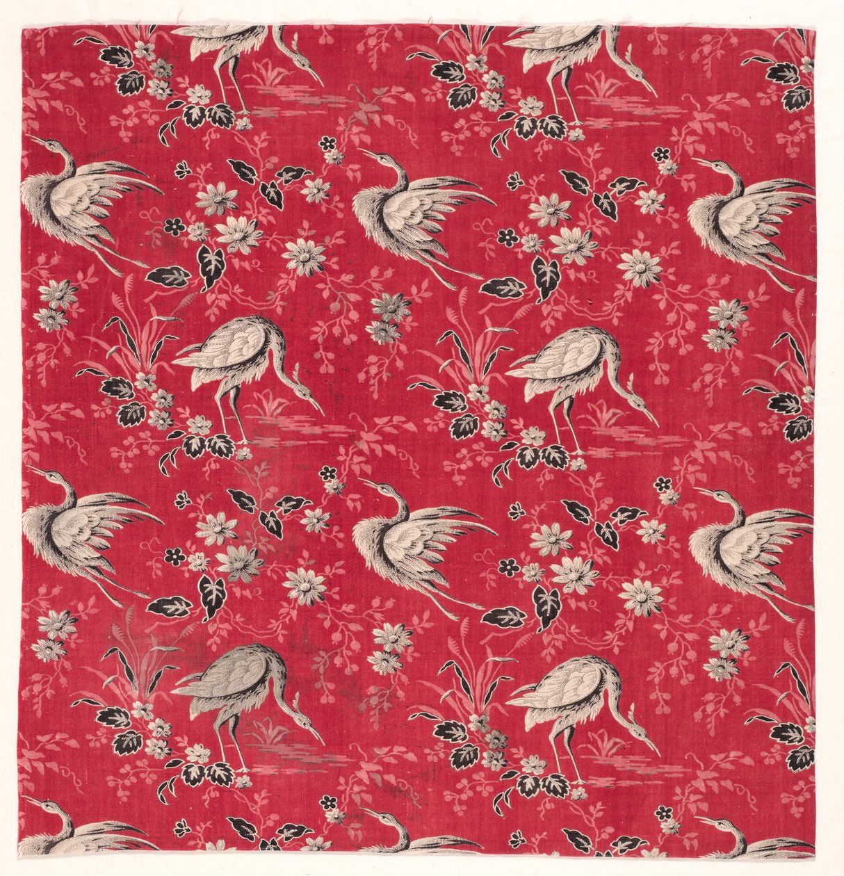 Cotone stampato a rullo con disegno di airone e fiori, 1800 da Unbekannt