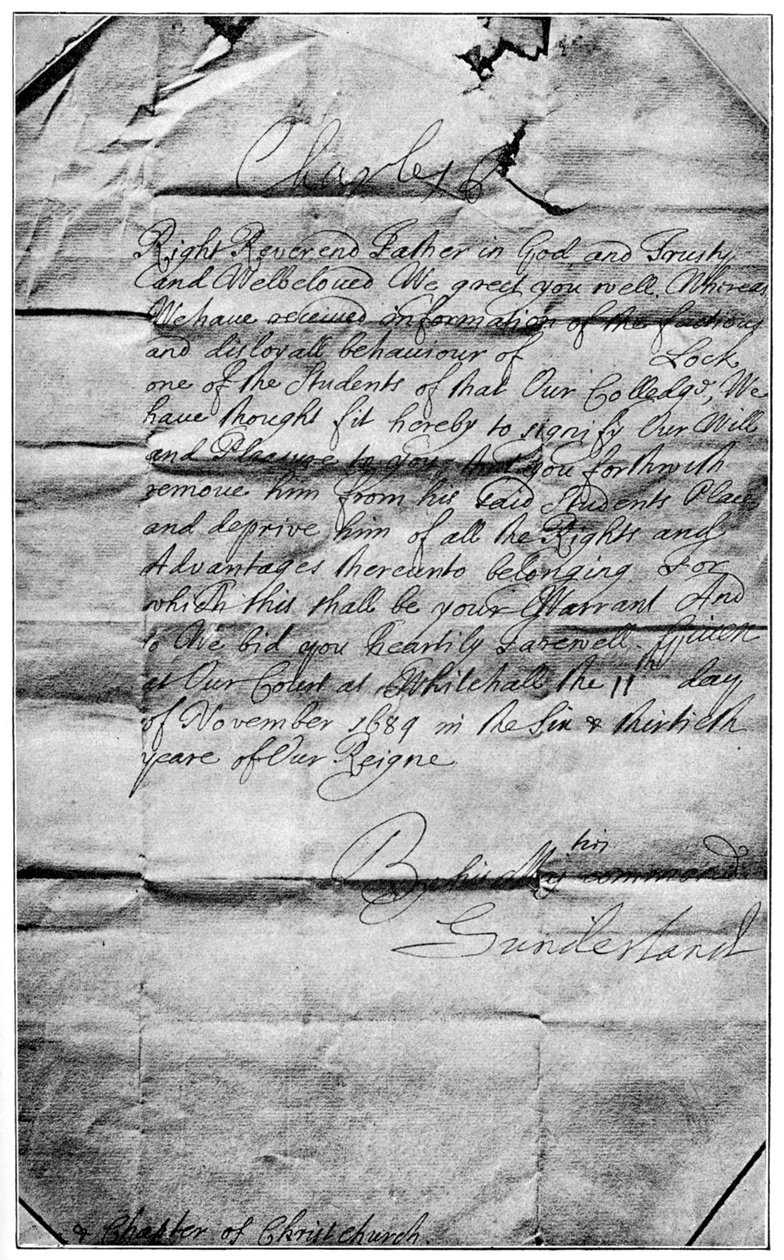 Mandato reale per cancellare il nome di Locke dagli studenti di Christ Church, Oxford, 1684, 1894 da Unbekannt