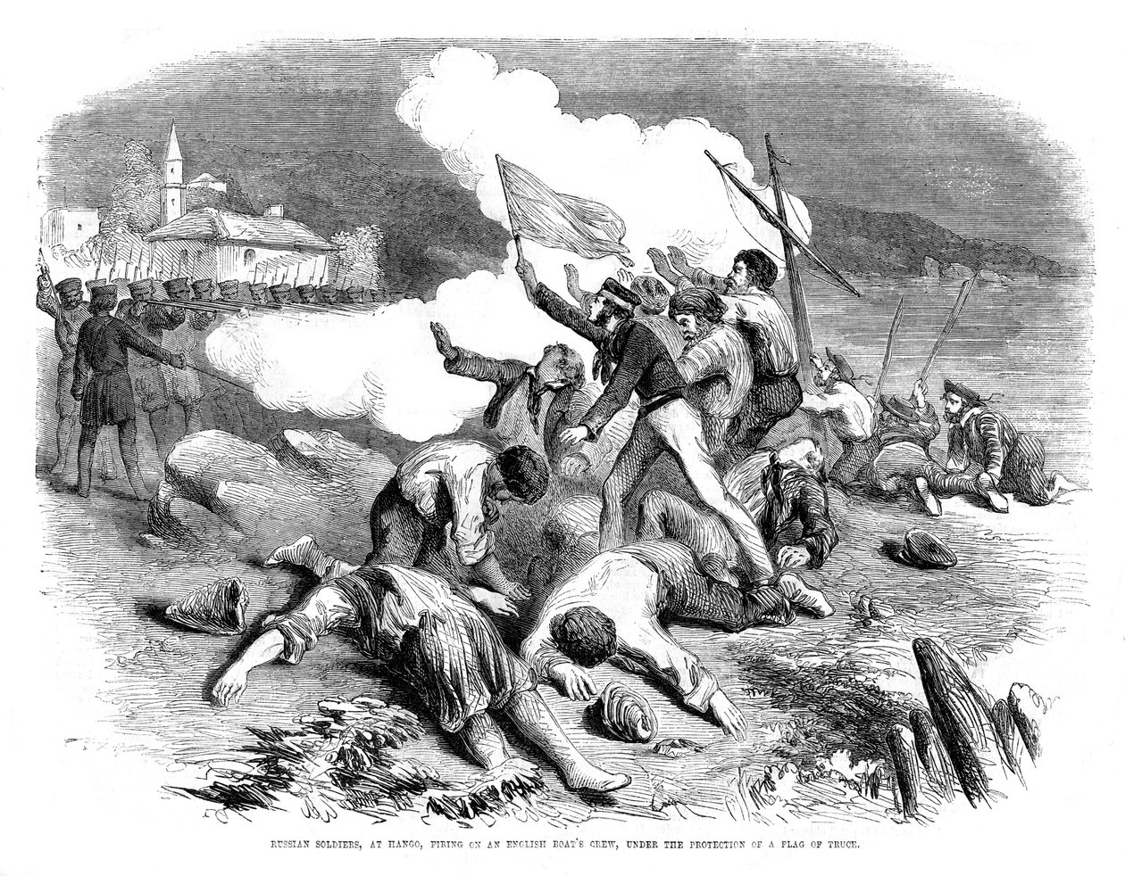 Soldati russi che sparano su un equipaggio di barche inglesi, sotto la protezione di una bandiera di tregua, 1855 da Unbekannt