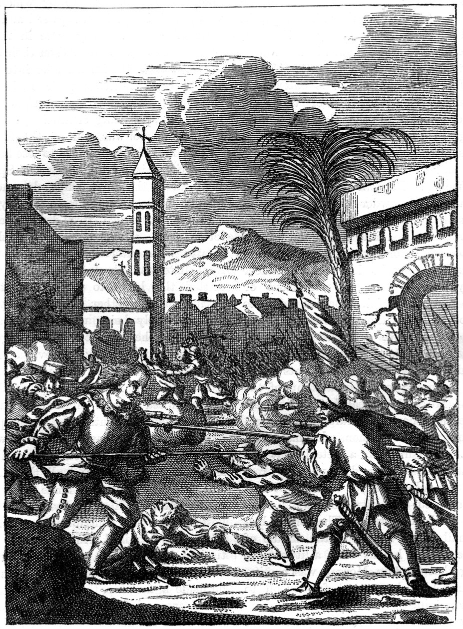 Sacco di Puerto Principe, Hispaniola, da Capitano Morgan, 1667 da Unbekannt