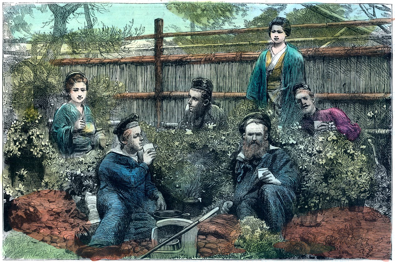 Marinai della HMS Challenger che prendono il tè in una casa da tè vicino a Yokohama, Giappone, 1888 da Unbekannt