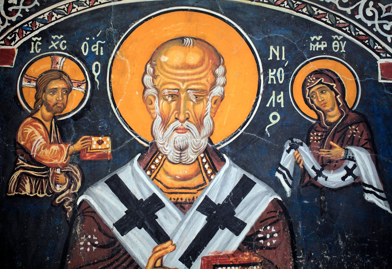 San Nicola circonda Cristo e Maria affresco bizantino del XIV secolo (1332) Nartece, parete sud Chiesa della Vergine Phorbiotissa, Asinou sito UNESCO regione di Troodos, Cipro da Unbekannt
