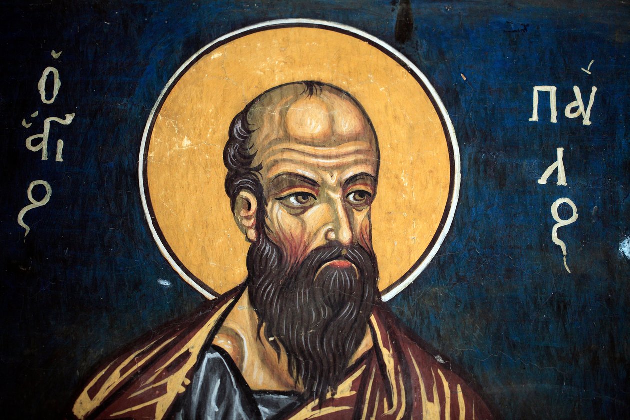 San Paolo: Affresco bizantino del XIV secolo (1332) Nartece, parete sud della chiesa della Vergine Phorbiotissa, sito UNESCO di Asinou, regione di Troodos, Cipro da Unbekannt