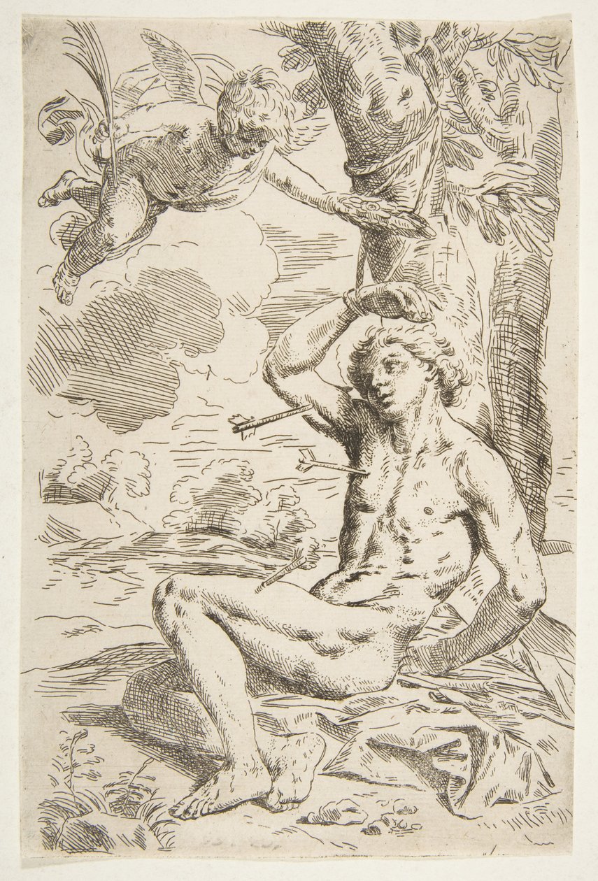 San Sebastiano trafitto da frecce e legato a un albero, copia da Cantarini, ca. 1639 o dopo da Unbekannt