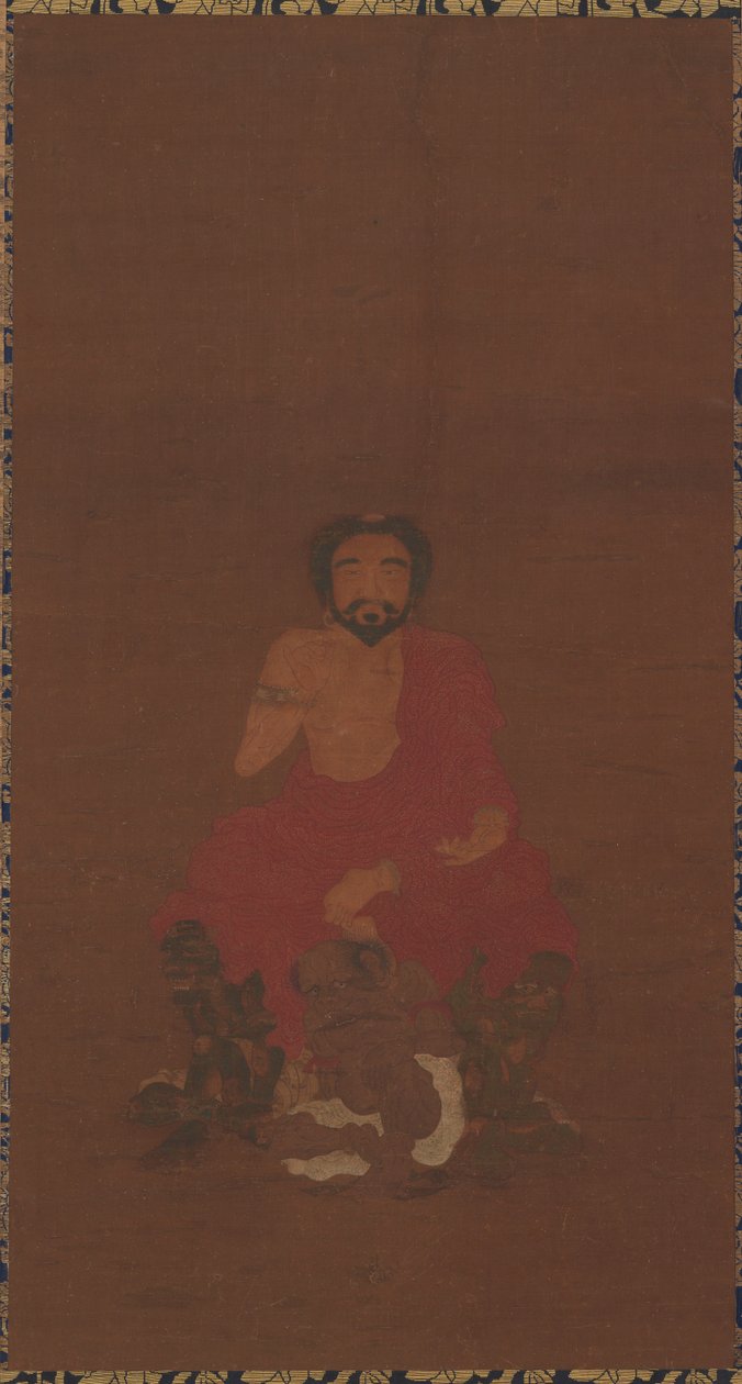 Sakyamuni seduto su tre creature demoniache da Unbekannt