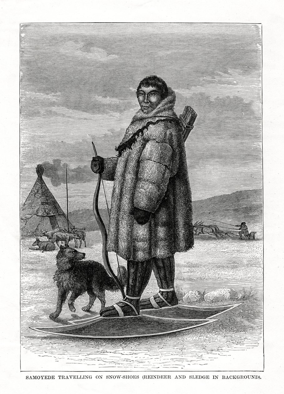 Samoyede che viaggia con le racchette da neve, Russia, 1877 da Unbekannt