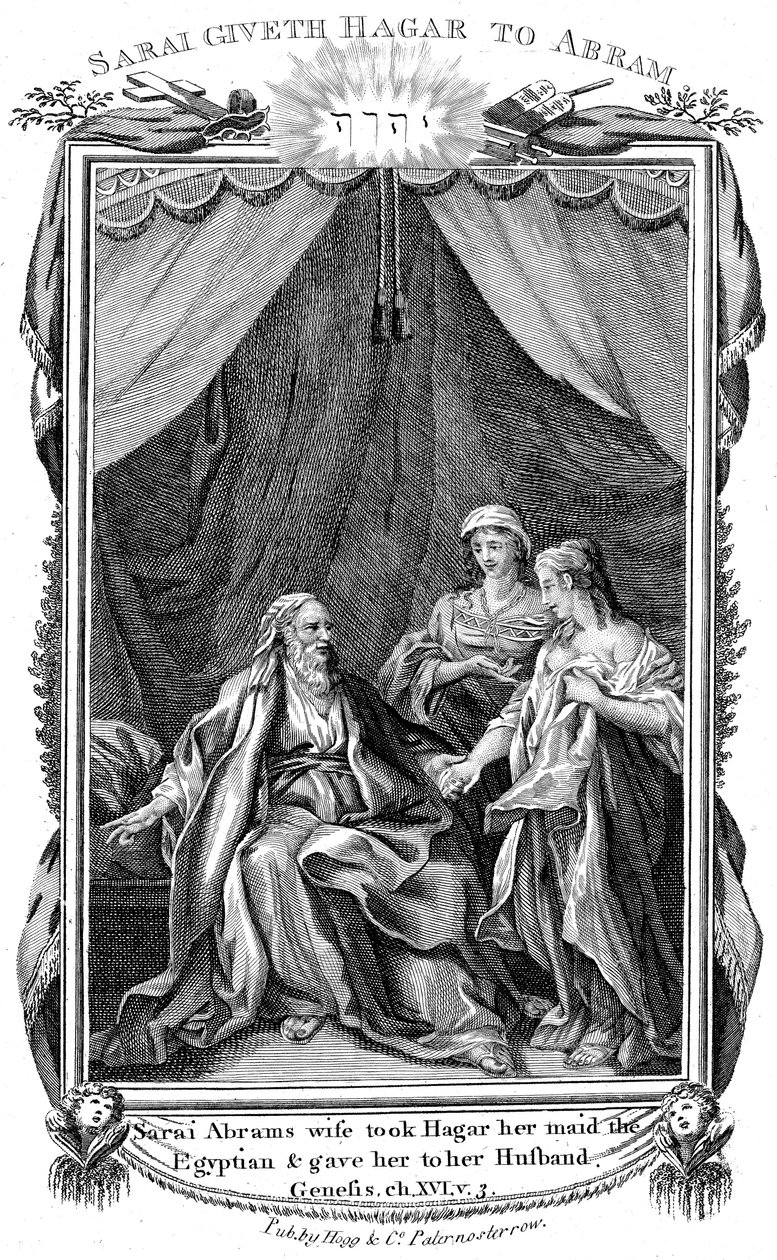 Sara, moglie di Abramo, essendo sterile, offre Agar la sua serva a suo marito, c1804 da Unbekannt