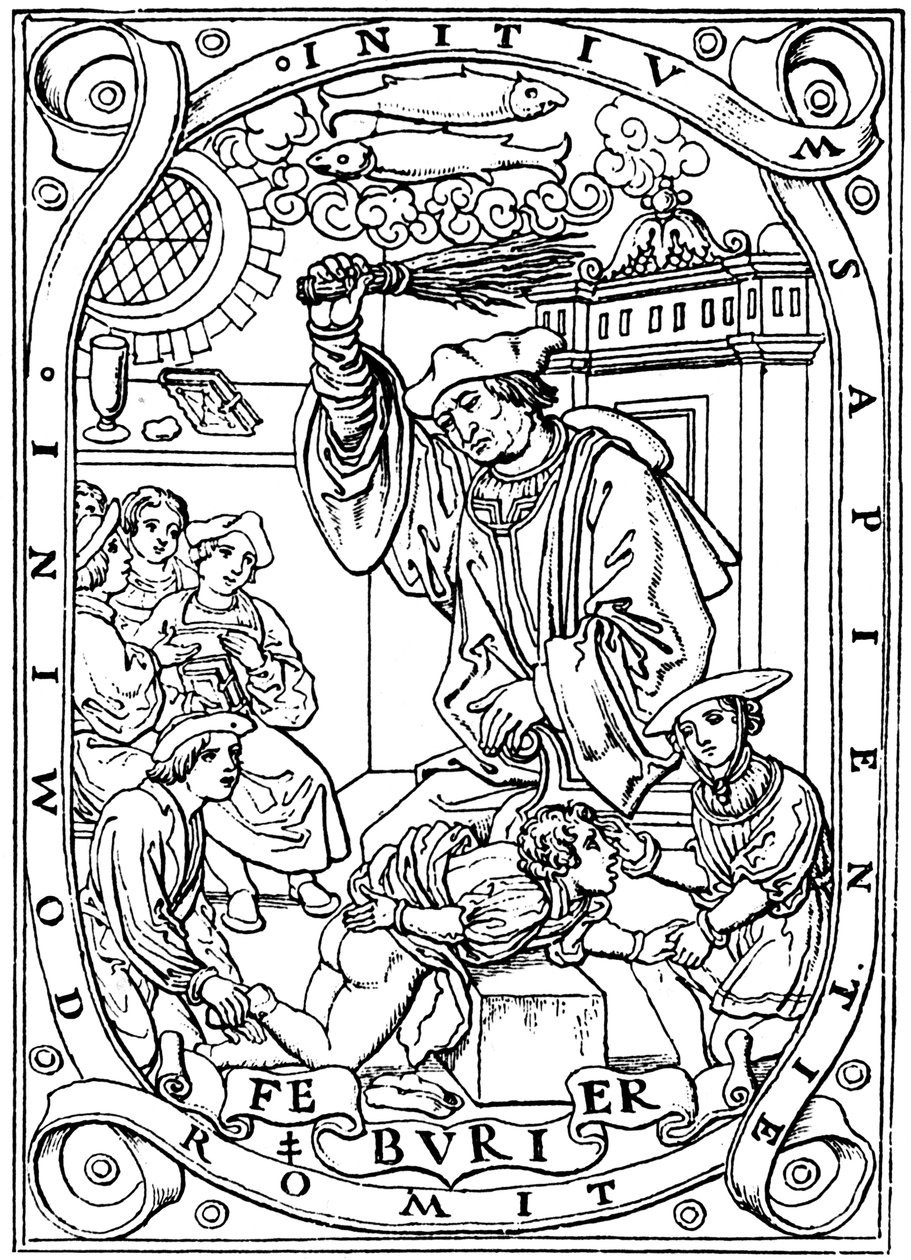 Scolaro che riceve conoscenza con la betulla, 1526 da Unbekannt