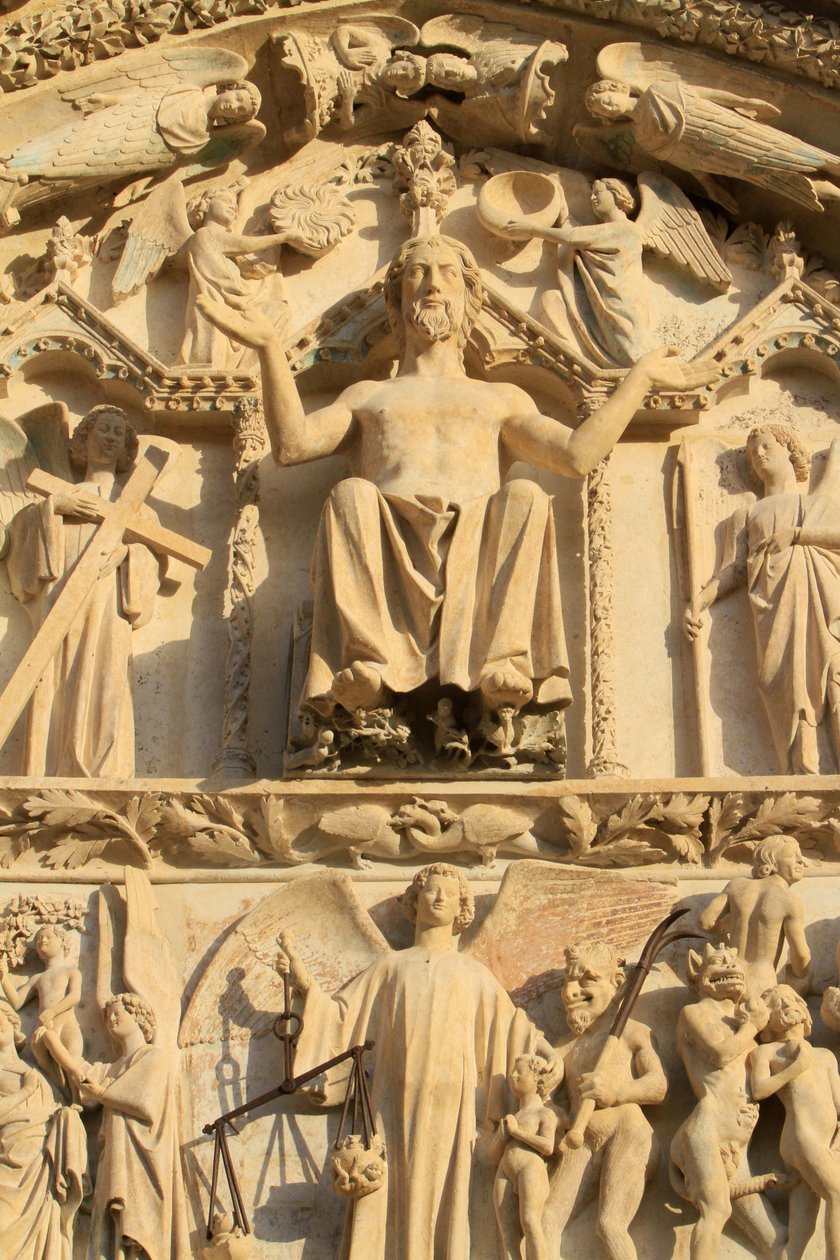 Scultura del Cristo seduto su un trono. Il Giudizio Universale. Timpano del portale centrale occidentale. Cattedrale di Santo Stefano da Unbekannt