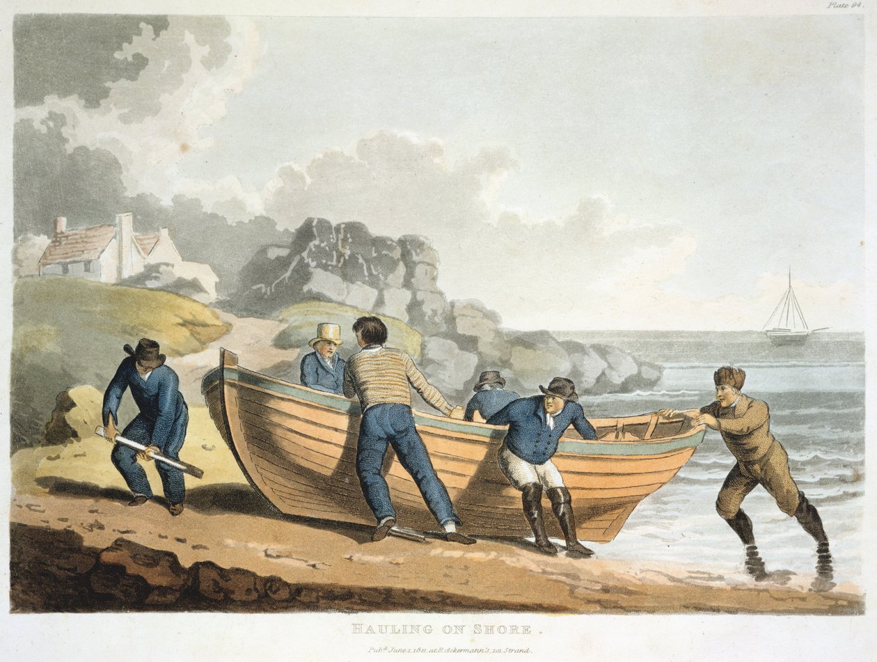 Marinai che tirano una scialuppa clinker-built sulla riva, 1821 da Unbekannt