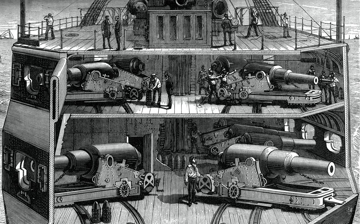 Vista in sezione delle batterie nella fregata corazzata Alexandra, c1880 da Unbekannt