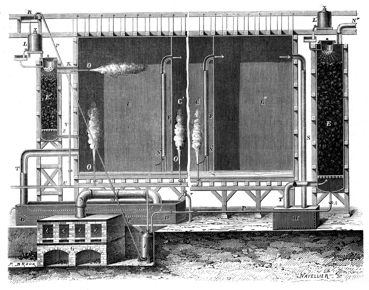 Vista sezionale delle camere di piombo e delle torri di assorbimento di Gay-Lussac, 1870 da Unbekannt