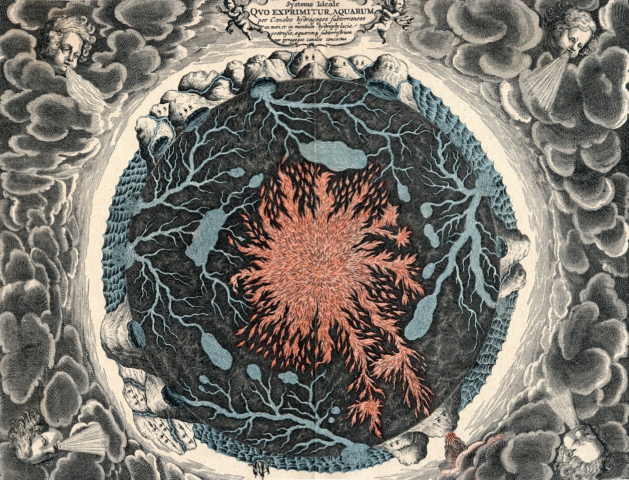 Vista sezionale della Terra, che mostra il fuoco centrale e i canali sotterranei collegati agli oceani da Unbekannt