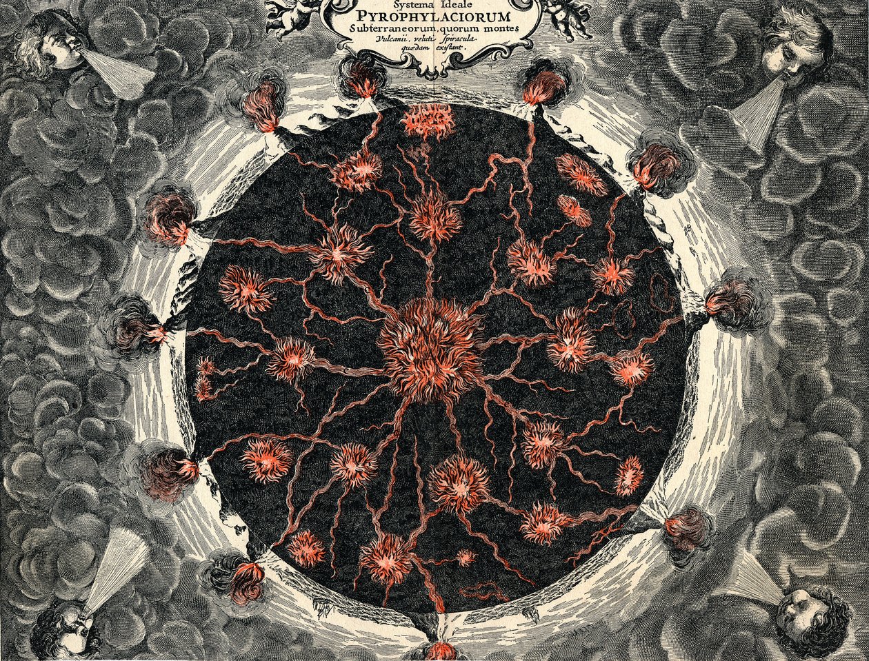 Vista sezionale della Terra, mostrando fuoco centrale e vulcani, 1665 da Unbekannt