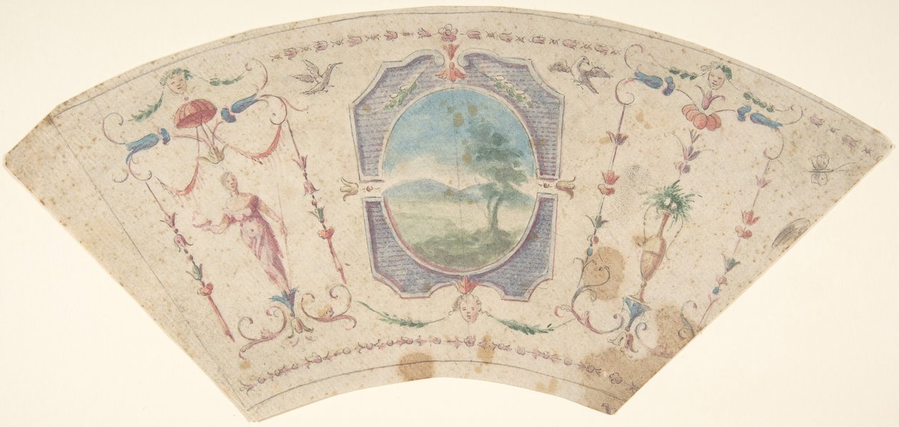 Design semicircolare con grottesche e un medaglione centrale contenente un paesaggio, XVIII sec. da Unbekannt