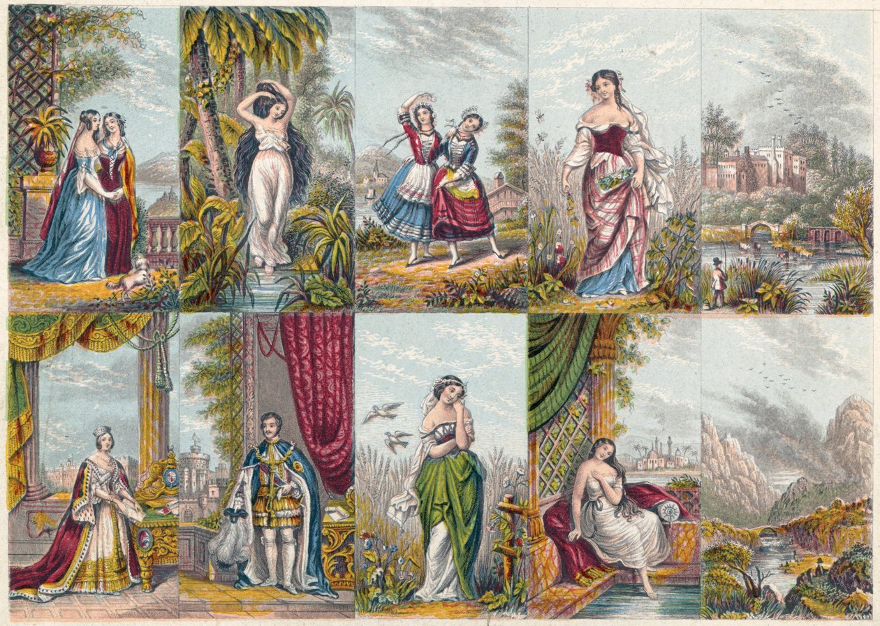Serie di vedute e figure, incluso un ritratto della Regina Vittoria e del Principe Alberto, 1851 da Unbekannt