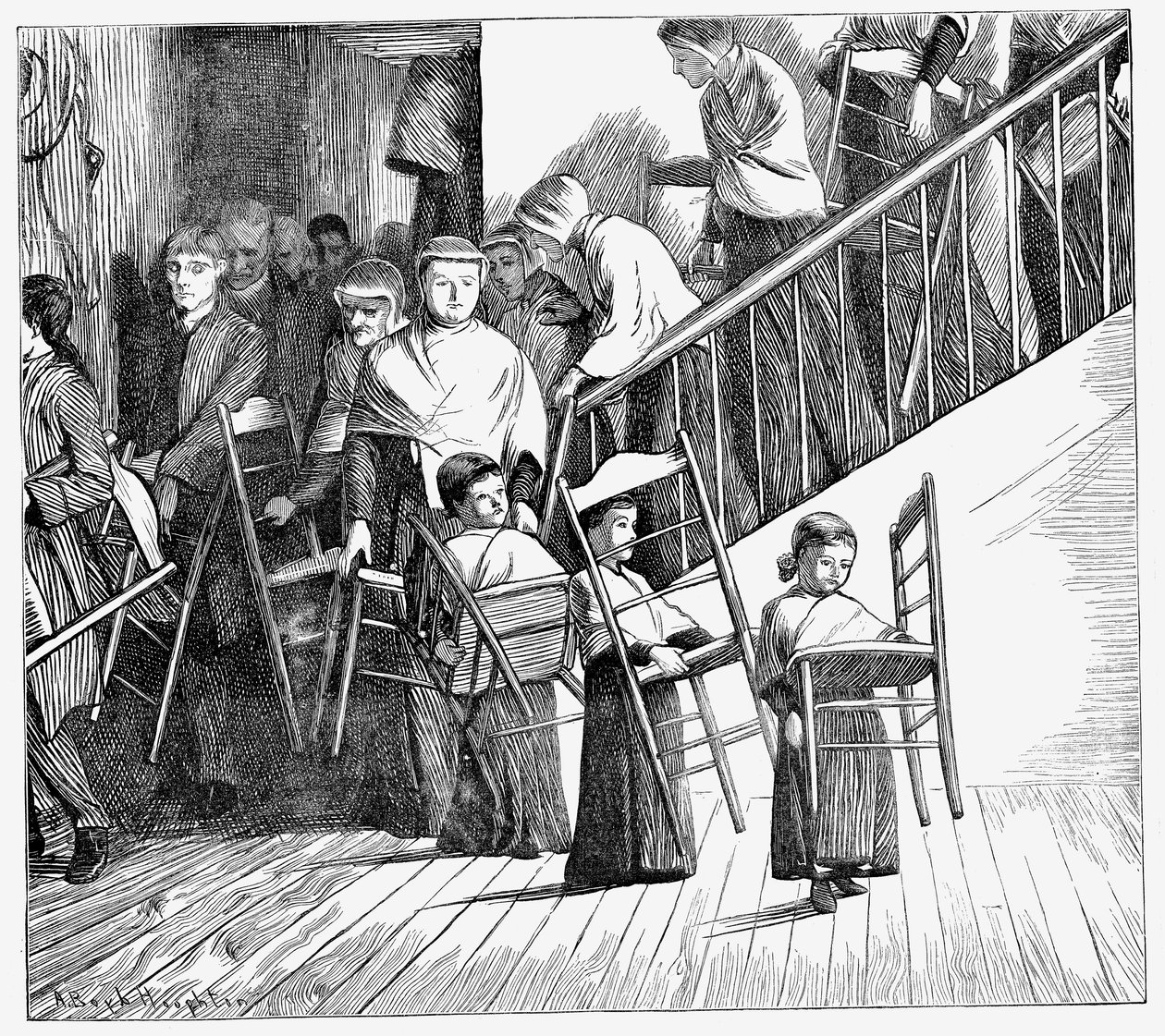 Comunità Shaker che va a cena, ciascuno portando la propria sedia Shaker, Stato di New York, 1870 da Unbekannt