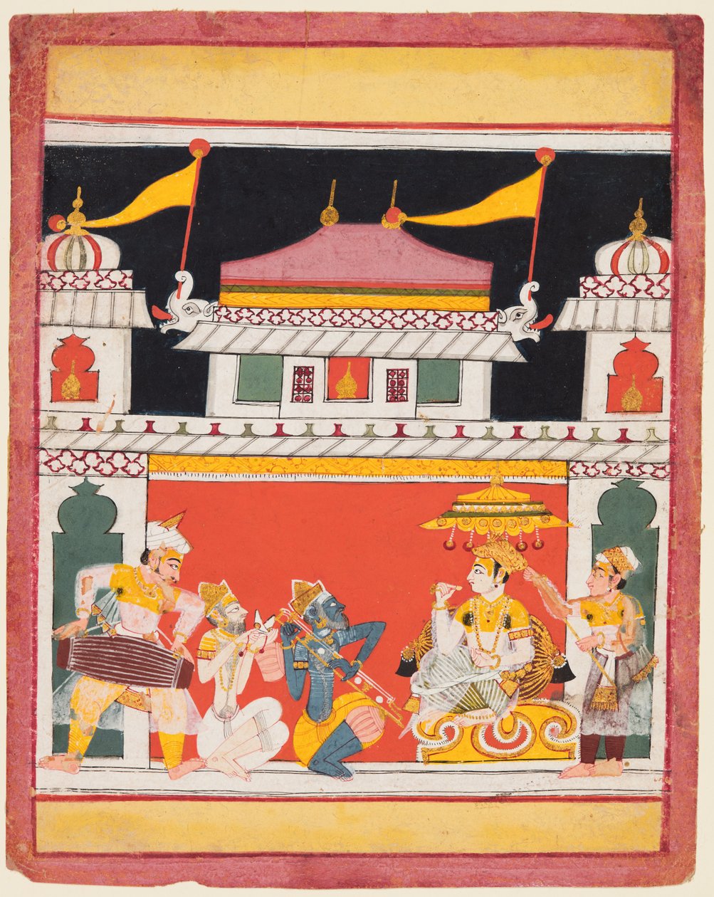 Shri Raga, da una serie di Ragamala, Tre musicisti si esibiscono davanti a un nobile, c. 1650 da Unbekannt